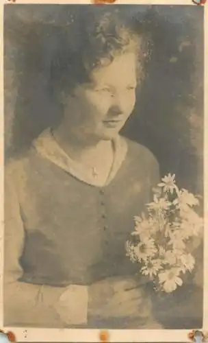 Social history souvenir real photo woman flower bouquet coiffure