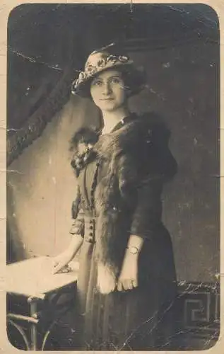 Social history souvenir real photo elegant lady hat fur coat