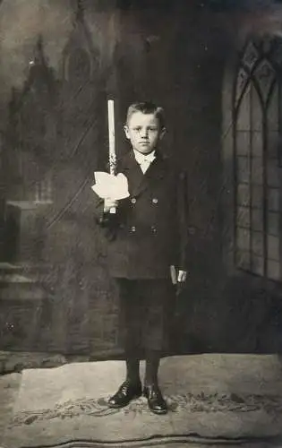 Social history souvenir real photo elegant boy candle Bible