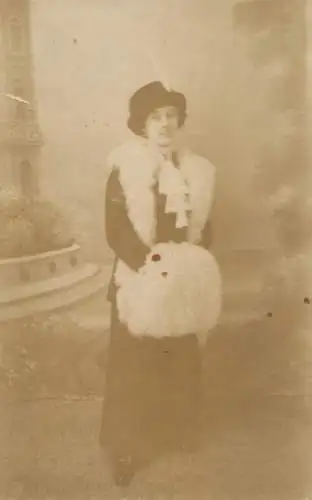 Social history souvenir real photo elegant woman lady dress fur coat hat