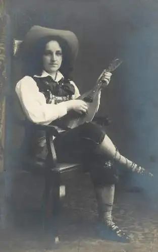 Social history souvenir real photo elegant woman mandolin hat coiffure