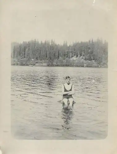 Social history souvenir real photo man swimsuit lake