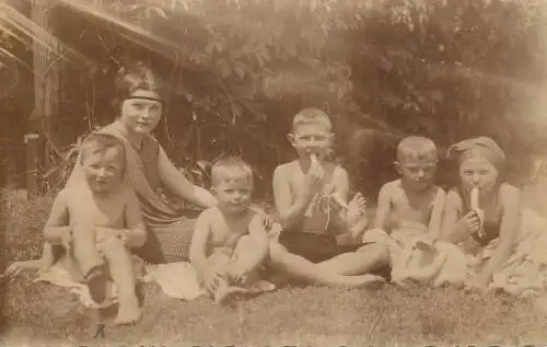 Social history souvenir real photo mother and children in nature