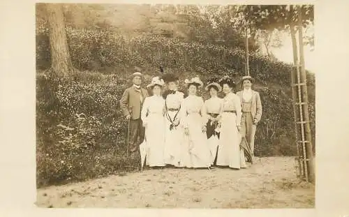 Social history souvenir real photo elegant ladies and men umbrella hat