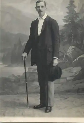 Social history souvenir real photo elegant man moustache cane hat