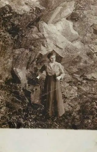 Social history souvenir real photo elegant woman in nature cliffs
