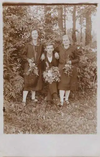 Social history souvenir real photo family in nature flower bouquet