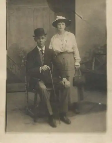 Social history souvenir real photo elegant couple hat cane