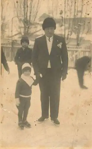 Social history souvenir vintage photo postcard elegant father and daughter ice skating
