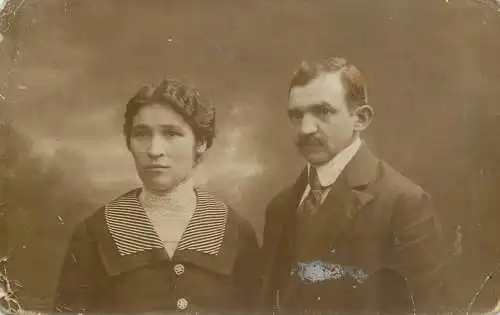 Social history souvenir vintage photo postcard elegant couple moustache