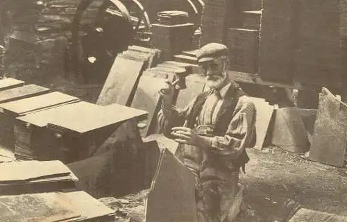 Social history souvenir vintage photo postcard slate splitter Wales factory work