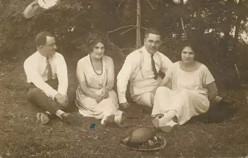 Social history souvenir vintage photo postcard elegance couple picnic