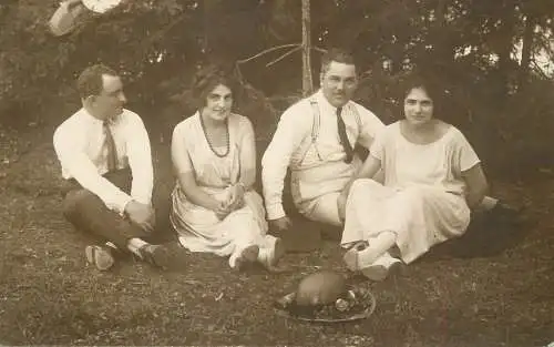 Social history souvenir vintage photo postcard elegance couples picnic hat