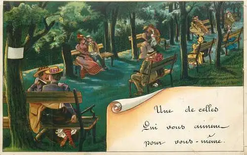Park lovers romantic couples caricatures c.1905