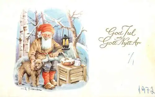 New Year greetings card Sweden God Jul dwarf gnome nain lamp dog c.1972
