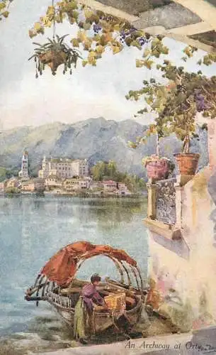 Italy postcard an Archway at Orta boat