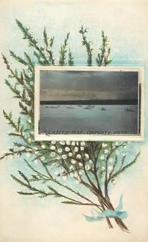 Scenic postcard Scotland Cromarty Firth straight warship painting