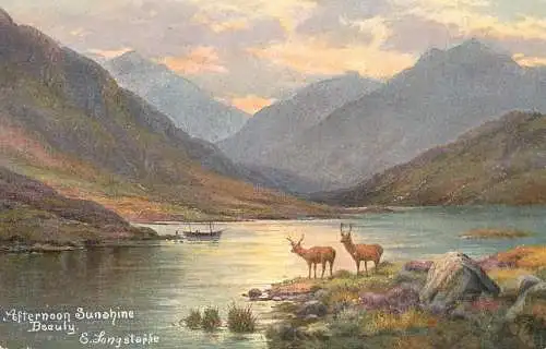 Scenic postcard Scotland E. Longstaffe landscape stags boat