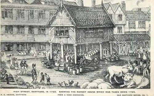 England Dartford High Street with Market House in 1750 rare engraving artwork
