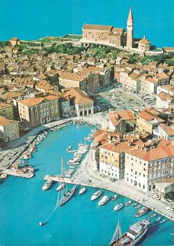 Navigation sailing vessels & boats themed postcard Croatia Piran harbour aerial
