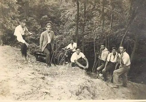 Military man and group tripping mountaneering instant photography