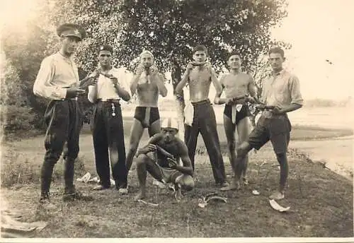 Military man and group eating watermelon instant photography