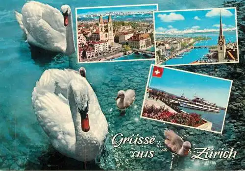 Navigation sailing vessels & boats themed postcard Zurich swans clocktower