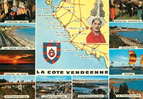 Navigation sailing vessels & boats themed postcard la Cote Vendee map velliers