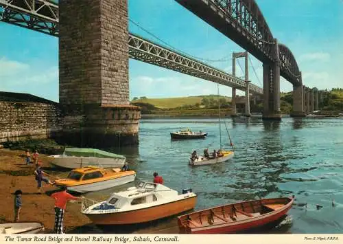 Navigation sailing vessels & boats themed postcard Cornwall Tamar road bridge Saltash
