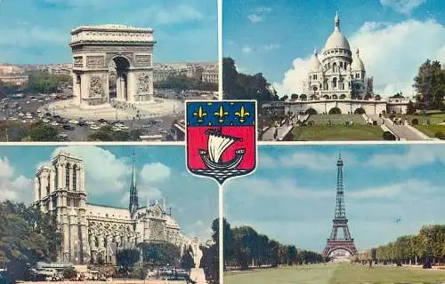 Postcard France Paris Arc de Triomphe Sacre Coeur Notre Dame Tour Eiffel