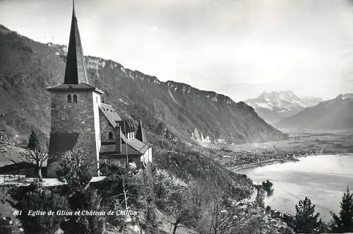 Postcard Switzerland eglise de Glion et chateau de Chillon