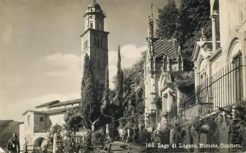 Postcard Switzerland Lugano lake cemetery belltower