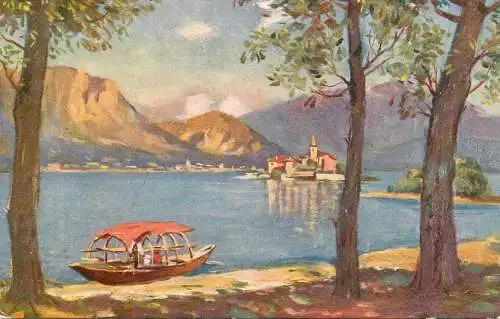 Postcard Switzerland lake view boat tower
