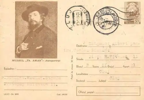 Postal stationery postcard Romania Museum Th. Aman selfportrait