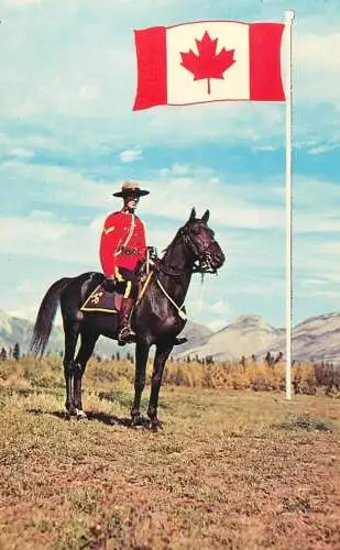 Royal Canadian Mounted Police in uniform with National Flag