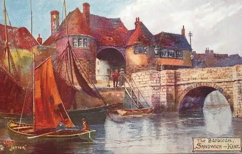 Raphael Tuck & Sons "Oilette" scenic postcard The Barbican sandwich Kent sailing vessel