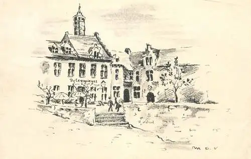 Postcard Belgium etch drawing of palace