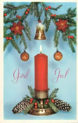 God Jul Merry Christmas greetings lit candle and Holiday decorative ornaments