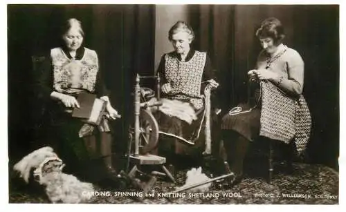 Shetland wool women carding, spinning and knitting