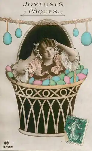 Easter greetings fantaisie Paques elegant girl dress coiffure eggs
