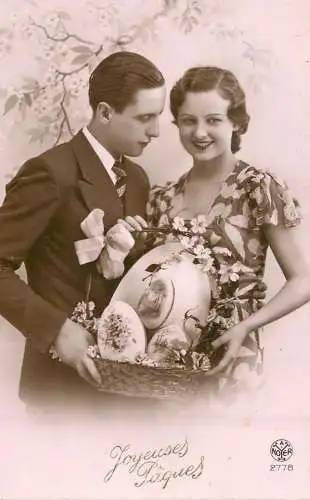 Easter greetings fantaisie Paques elegant lady dress coiffure eggs couple