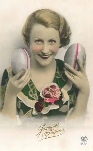Easter greetings fantaisie Paques elegant lady dress coiffure eggs