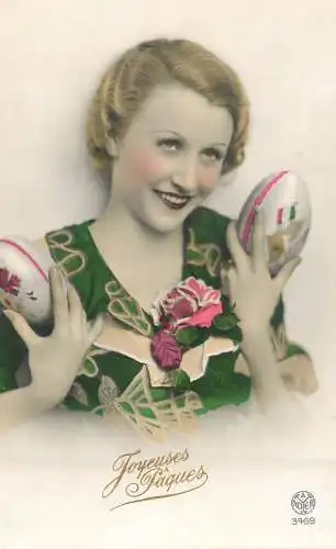 Easter greetings fantaisie Paques elegant lady dress coiffure eggs