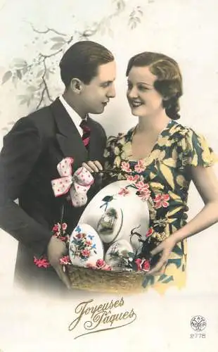Easter greetings fantaisie Paques elegant lady dress coiffure eggs couple