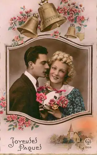 Easter greetings fantaisie Paques elegant lady dress coiffure eggs couple bell
