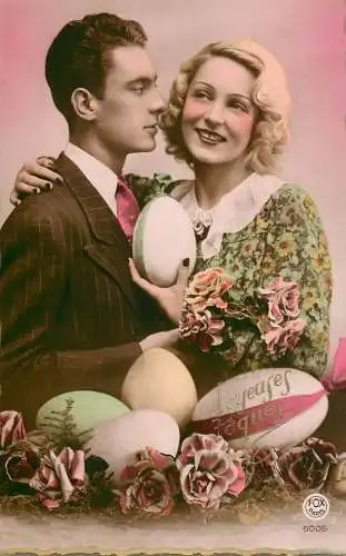 Easter greetings fantaisie Paques elegant lady dress coiffure eggs couple