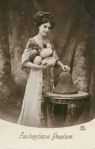 Easter greetings fantaisie Paques elegant lady dress coiffure eggs bell