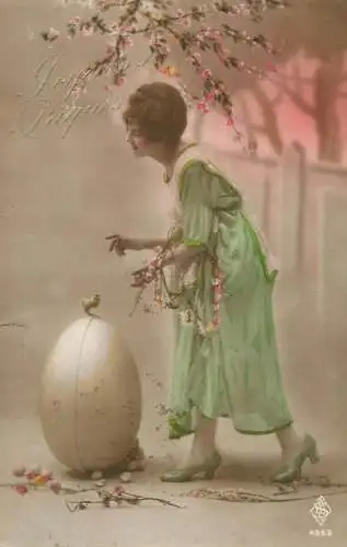 Easter greetings fantaisie Paques elegant lady dress coiffure eggs