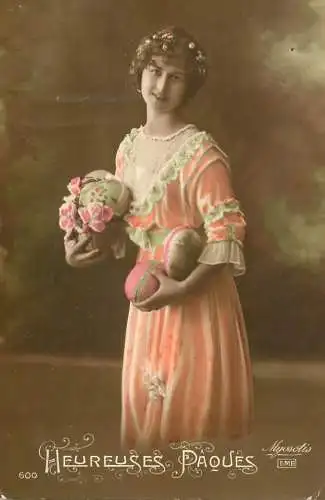 Easter greetings fantaisie Paques elegant lady dress coiffure eggs