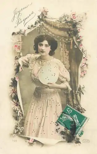 Easter greetings fantaisie Paques elegant lady dress coiffure eggs